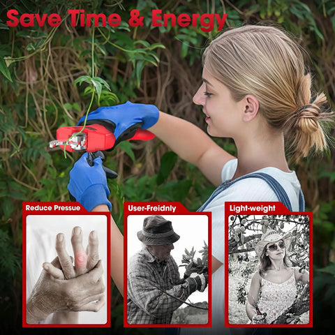 Person using Workhorse Heavy Duty Pruning Shears Attachment for Milwaukee 12V Batteries with LCD display in garden