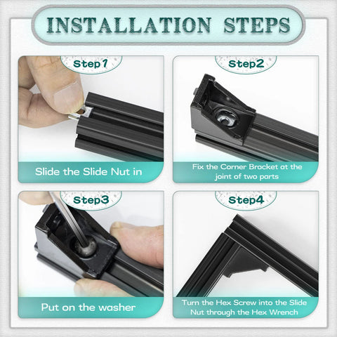 Installation steps for 2020 Series Aluminum Extrusion Profile Connector Kit, including slide nut, corner bracket, and hex screw use.