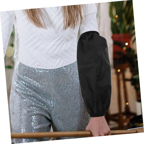 Heavy Duty Grease Resistant Long Arm Sleeves Waterproof Forearm Shields worn by a person with a white top and black sleeve.