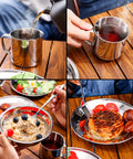 All In One 29 Piece Stainless Steel Camping Mess Kit For 4 With Bowls Plates Cups Forks Spoons And Knives In Durable Carry Case No Fuss