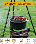 10 Qt Camping Dutch Oven With Lid For Oven Stove Grill Or Campfire Pre Seasoned Cast Iron Pot hanging over campfire