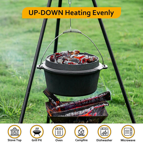 10 Qt Camping Dutch Oven With Lid For Oven Stove Grill Or Campfire Pre Seasoned Cast Iron Pot hanging over campfire