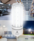 2 Pack 100W LED Corn Light Bulbs Super Bright 15000 Lumens Daylight 5000K E26 And E39 Base shown in various settings