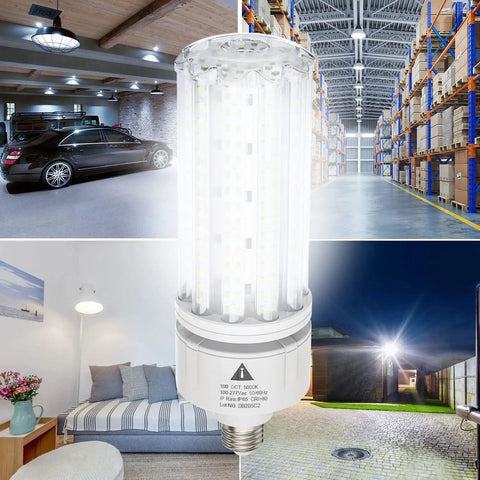 2 Pack 100W LED Corn Light Bulbs Super Bright 15000 Lumens Daylight 5000K E26 And E39 Base shown in various settings