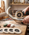 Yosoo Health Gear Pro Wool Polishing Wheel Kit With Angle Grinder And Three Color Compound Set For Metal Mirror Finish Buffing Tool in use on metal pipe.