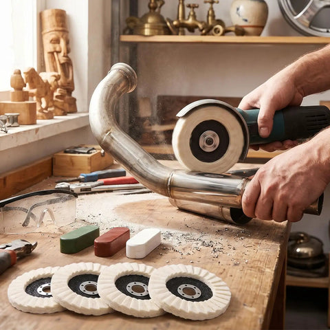 Yosoo Health Gear Pro Wool Polishing Wheel Kit With Angle Grinder And Three Color Compound Set For Metal Mirror Finish Buffing Tool in use on metal pipe.