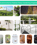 Collage showing applications of Outdoor Wire Rope Kit 50M PVC Coated One Sixteenth Inch Stainless Steel Cable Setup for decorating gardens.