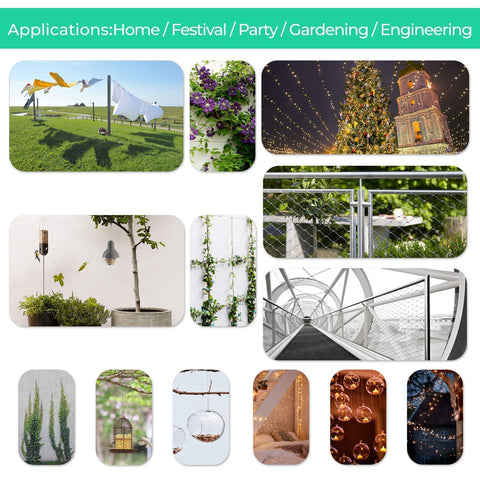 Collage showing applications of Outdoor Wire Rope Kit 50M PVC Coated One Sixteenth Inch Stainless Steel Cable Setup for decorating gardens.