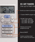 Close-up of in-wall digital timer switch display showing time settings, buttons for custom programs, two-pack design for lights