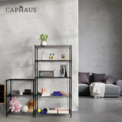Three To Five Tier Adjustable Height Wire Shelving Unit With Heavy Duty Steel Frame And 250 Lb Per Shelf Capacity For Garage Organizer Pantry Kitchen Utility Storage Black in living room