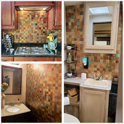 Peel And Stick Backsplash Tile Pack For Kitchen Fireplace And Bathroom In Rust Copper Plaid Retro Copper Style Five Sheets With Eco Friendly Self Adhesive Backing For An Easy No Fuss Install No Grout installed in various rooms.