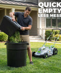 Cordless 40V 17 Inch Lawn Mower With Dual 4Ah Batteries, Brushless 1200W Motor, 6 Level Height Adjustment, 50L Grass Bag, 40 Minute Runtime For Yards Up To 500 Square Meters, Easy Push Start, Quiet Power, Big Yard Companion. Man emptying grass bag into bin