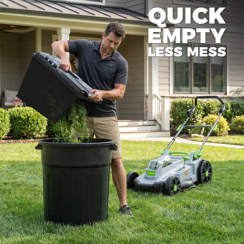 Cordless 40V 17 Inch Lawn Mower With Dual 4Ah Batteries, Brushless 1200W Motor, 6 Level Height Adjustment, 50L Grass Bag, 40 Minute Runtime For Yards Up To 500 Square Meters, Easy Push Start, Quiet Power, Big Yard Companion. Man emptying grass bag into bin