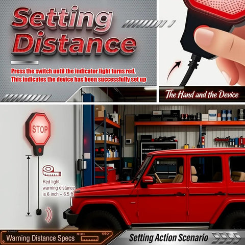 Upgraded LED Garage Parking Sensor Featuring Adjustable Red Yellow Green Warning Lights And Dual Power Car Stop Indicator for setting distance in garage.