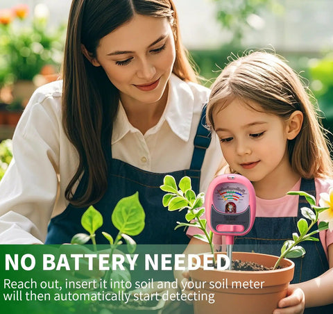 Woman and child using 4 In 1 Soil Test Kit With Large Dial Meter for Indoor and Outdoor Growers, Baby Pink, in a garden setting