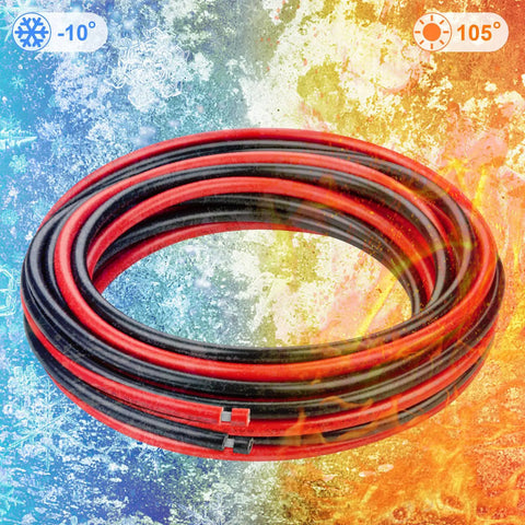 8 Gauge Red And Black Tinned Copper Wire For Car Audio, Trailer, Marine And LED Lights, coiled with temperature icons