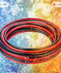 Coiled 10 AWG Red And Black Tinned Copper Wire For Auto Marine Trailer LED Lighting Flexible 50 Foot Run High Conductivity And Low Resistance Heavy Duty DC Power Cable For Dope Car Audio And Marine Projects, with temperature symbols indicating durability in extreme cold and heat conditions