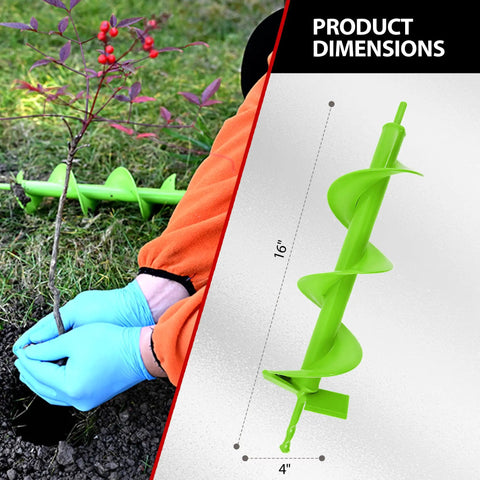 Upgrade Spiral Garden Auger Drill Bit 16 Inch By 4 Inch Heavy Duty Double Blade next to person planting tree