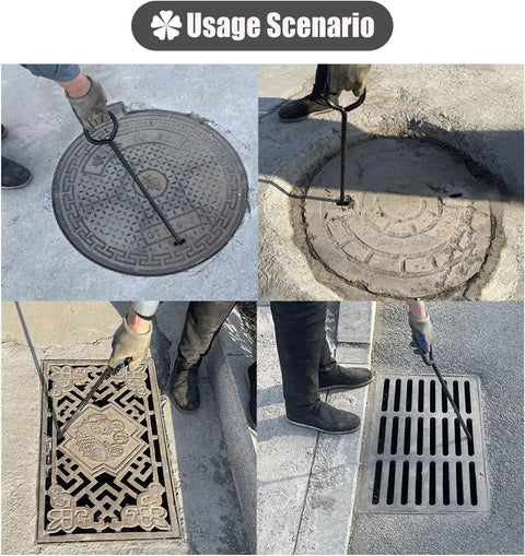 Heavy Duty Steel Manhole Cover Lifter Set Of Three With Knockout Grip For Quick Sewer Grate Opening and Roller Door Access in use