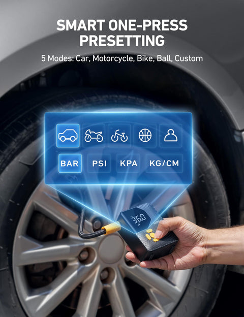 L7 Mini Tire Inflator Portable Air Compressor With LED Light and Pressure Gauge in use for car wheel inflation.