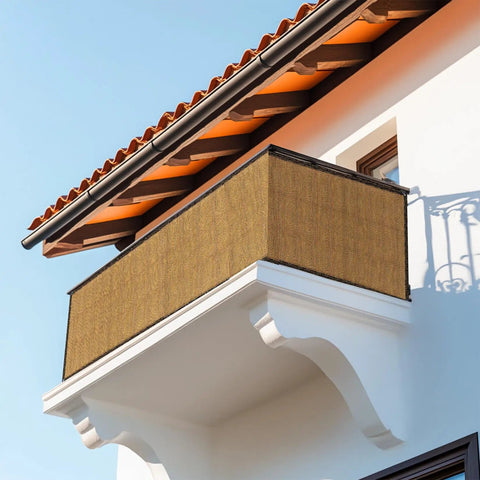 Outdoor Fence Privacy Screen 3 Ft By 10 Ft Brown Made From Durable HDPE Mesh With Reinforced Grommets on balcony