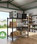 Heavy Duty Black Wire Shelving Unit With 3 Adjustable Tiers Rock Solid Construction in a garage, holding 800 lbs, with storage bins.