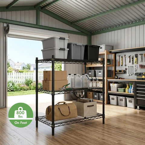Heavy Duty Black Wire Shelving Unit With 3 Adjustable Tiers Rock Solid Construction in a garage, holding 800 lbs, with storage bins.