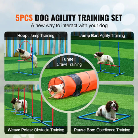 Dog Agility Training Kit 5-Piece Set With Adjustable Hurdles, Weave Poles, Extended Tunnel, Jump Ring, Pause Box and dog
