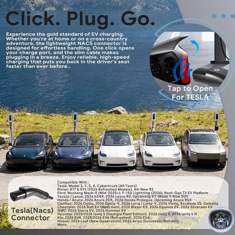Level 2 EV Charger 50 Amp 240V Indoor Outdoor With 25Ft Cable, NACS Tesla Compatible shown with multiple electric cars
