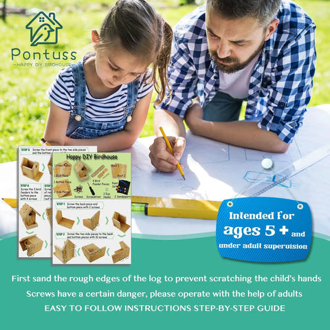Child and adult working on Fun DIY Birdhouse Kit With Paint Set For Kids And Adults, A Real Hands On Wood Craft Project To Build A Bird Home.