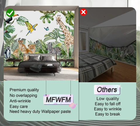 Safari Jungle Wall Mural For Kids Room In Watercolor Animals Style, Nursery Decor, Not Peel And Stick, Requires Paste, 141 X 96 Inches, Cut Into 7 Strips For Easy Assembly shown in room comparison