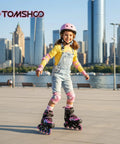Girl rollerblading by city skyline in Cool Adjustable Kids Inline Skates With Full Light Up Wheels For Girls And Boys, Safe Ankle Support