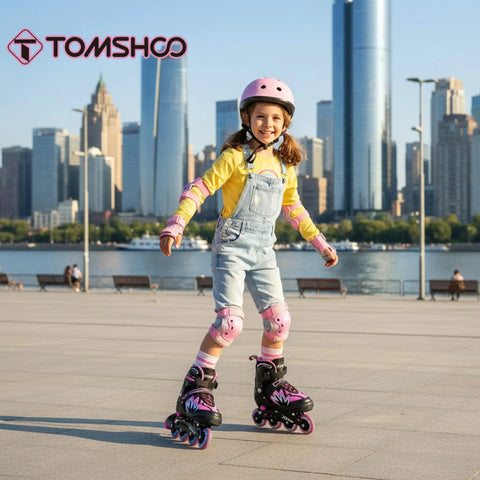 Girl rollerblading by city skyline in Cool Adjustable Kids Inline Skates With Full Light Up Wheels For Girls And Boys, Safe Ankle Support