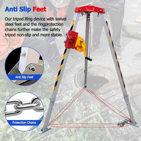 Tough As Nails Heavy Duty Confined Space Tripod Kit Featuring Auto Engaging Winch And Pro Grade Anti Fall Arrest Gear For Tight Industrial Rescue Operations, showing anti-slip feet and protection chains.
