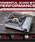 12,000 BTU Portable Butane Stove For Camping And Outdoor Cookin With Electronic Ignition, Wind Guard, Carry Case, And Adjustable Flame