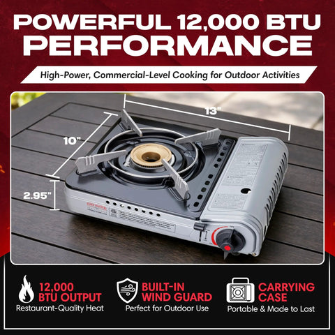 12,000 BTU Portable Butane Stove For Camping And Outdoor Cookin With Electronic Ignition, Wind Guard, Carry Case, And Adjustable Flame