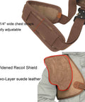 Adjustable Rifle And Shotgun Shoulder Shield With Leather Recoil Pad For Hunting And Archery, right shoulder shown
