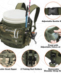 Five Gallon Bucket Backpack With Rod And Pliers Holder And Multiple Pockets For Fishing, Hunting, And Apple Picking In Camouflage