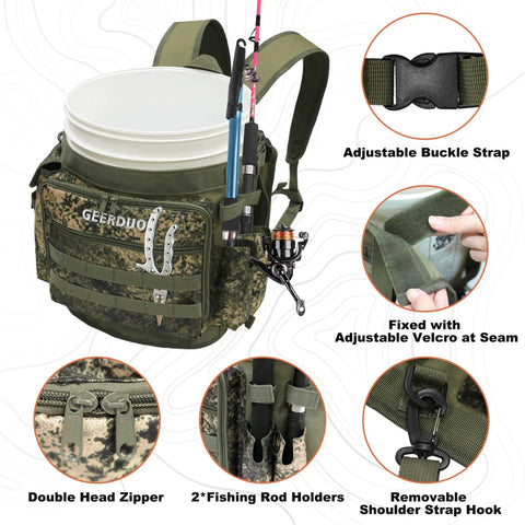 Five Gallon Bucket Backpack With Rod And Pliers Holder And Multiple Pockets For Fishing, Hunting, And Apple Picking In Camouflage