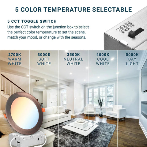 Slick 12 Pack 6 Inch Ultra Thin LED Recessed Lights with J Box showing 5 adjustable color temperatures from 2700K to 5000K.