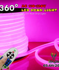 360 Degree LED Neon Rope Light Pink 65.6ft Waterproof Neon Strip With Remote Dimming 110-120V coiled alongside remote control