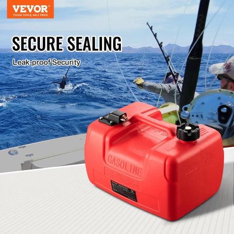 Marine Outboard Fuel Transfer Tank 3.17-Gallon With 9.8-Foot Hose, Gauge, And Yamaha Connector Compatibility beside fishing boat