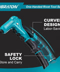 Close-up of One-Handed Pop Rivet Gun Kit With 200 Rivets, showing ergonomic handle and safety lock feature, blue design.