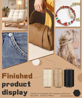 Heavy Duty Workhorse Waxed Upholstery Thread Kit With 218 Yards Of Strong Hand Sewing Thread And 9 Needles For Hand Stitching Bookbinding Canvas Repairs And Durable Waterproof Stitching displayed with various finished projects, including denim, a handbag, and a hair accessory.