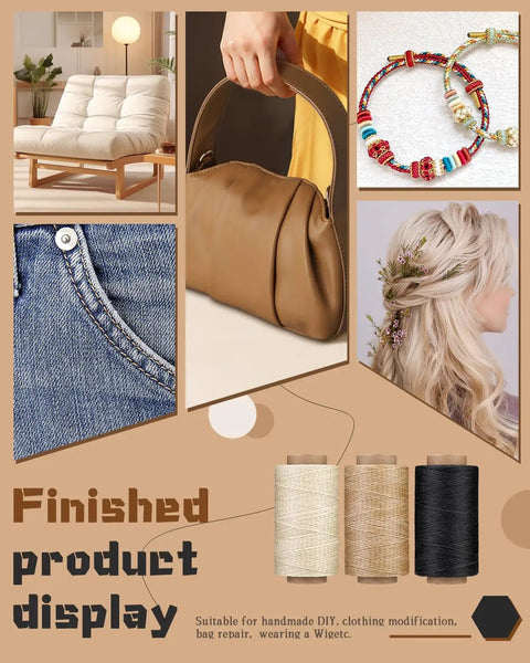 Heavy Duty Workhorse Waxed Upholstery Thread Kit With 218 Yards Of Strong Hand Sewing Thread And 9 Needles For Hand Stitching Bookbinding Canvas Repairs And Durable Waterproof Stitching displayed with various finished projects, including denim, a handbag, and a hair accessory.