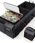 Trunk Organizer With Built In Cooler Bag For Cars And SUVs, Heavy Duty Foldable Storage With Three Large Compartments And Eight Pockets, Black, 69L And 23L Capacity For Groceries Tools Sports Gear And More, shown with open cooler compartment filled with drinks and ice.