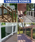 Various scenes showcasing 50 Pack 36 Inch Aluminum Deck Balusters Round Black Metal Spindles for outdoor railings.