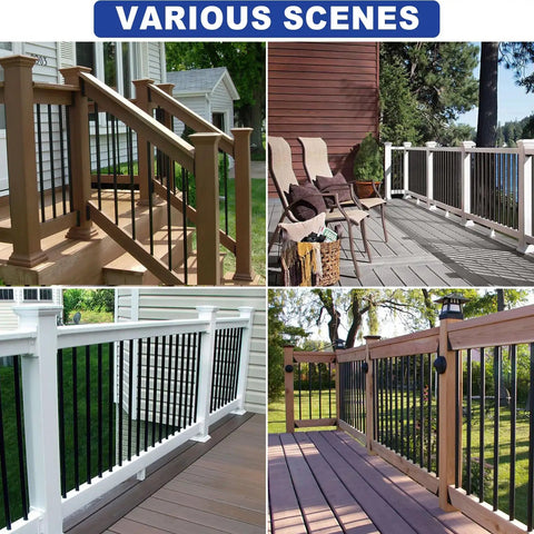 Various scenes showcasing 50 Pack 36 Inch Aluminum Deck Balusters Round Black Metal Spindles for outdoor railings.