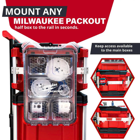 Packout Rail Mount For Milwaukee System, Side Mount Tool Rail Compatible With Aluminum Packout Rails, clear box shown mounted