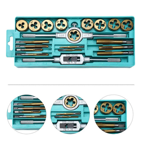 Ultimate 20pcs Metric Thread Tap And Die Set With Alloy Steel Handles For Fast Hand Threading On Metal Parts Perfect For Machining And DIY Fixing Jobs, open case